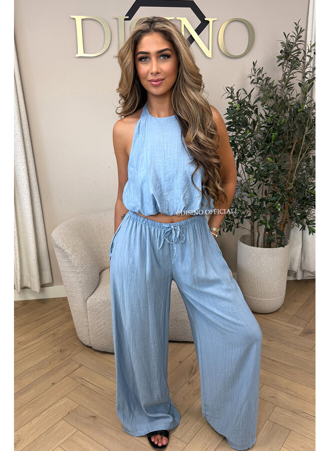 JEANS BLUE - 'ALARA SET' - SUMMER ESCAPE OPEN BACK TOP + PANTS SET