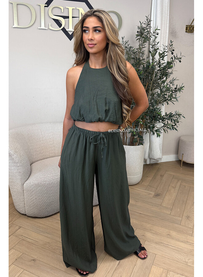 ARMY GREEN - 'ALARA SET' - SUMMER ESCAPE OPEN BACK TOP + PANTS SET