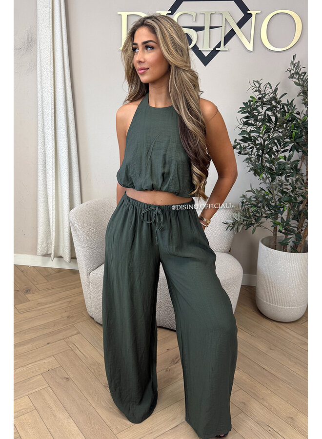 ARMY GREEN - 'ALARA SET' - SUMMER ESCAPE OPEN BACK TOP + PANTS SET