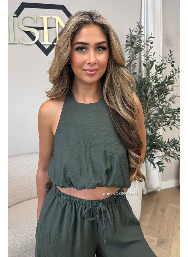 ARMY GREEN - 'ALARA SET' - SUMMER ESCAPE OPEN BACK TOP + PANTS SET