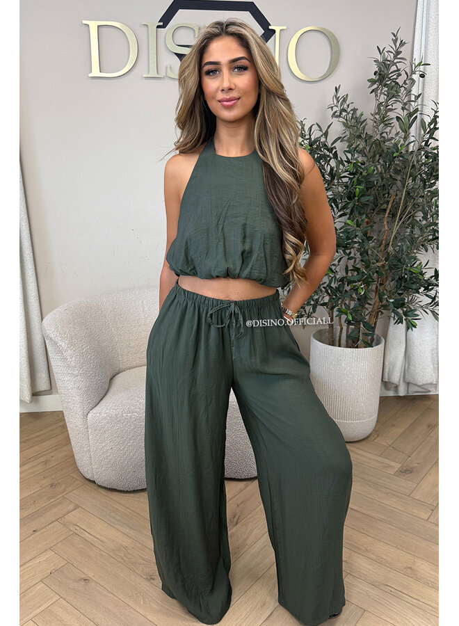 ARMY GREEN - 'ALARA SET' - SUMMER ESCAPE OPEN BACK TOP + PANTS SET