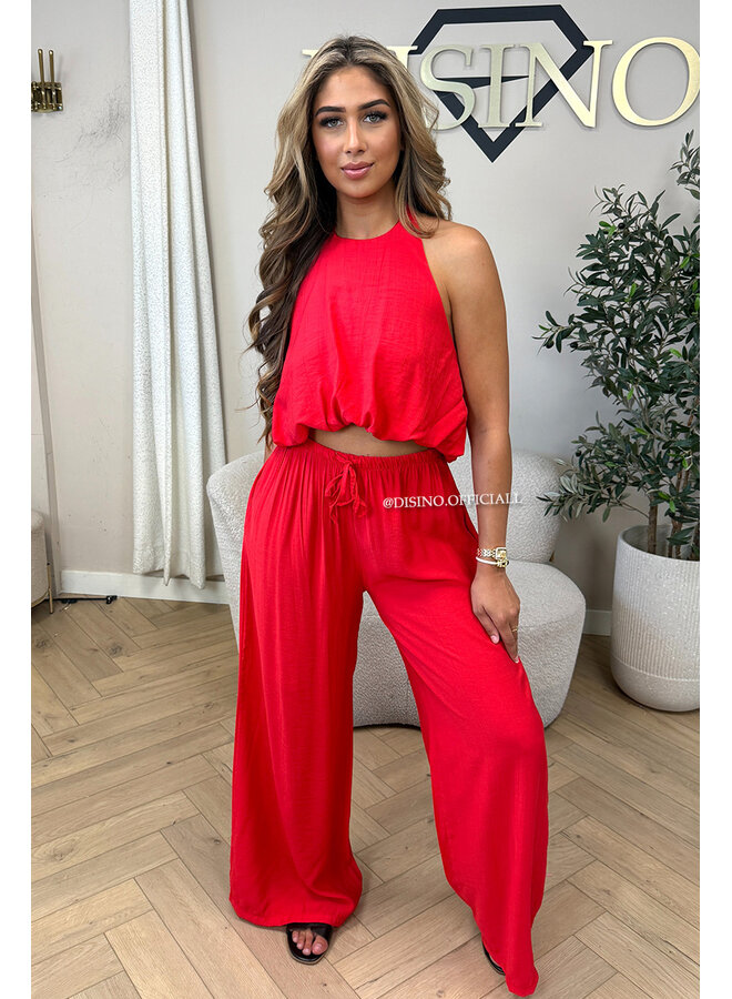 RED - 'ALARA SET' - SUMMER ESCAPE OPEN BACK TOP + PANTS SET