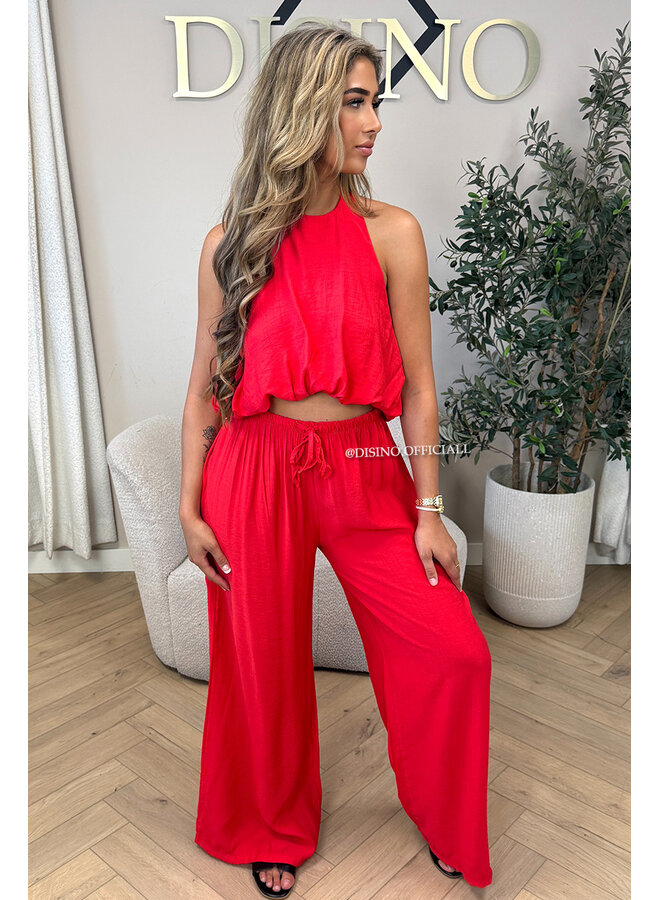 RED - 'ALARA SET' - SUMMER ESCAPE OPEN BACK TOP + PANTS SET
