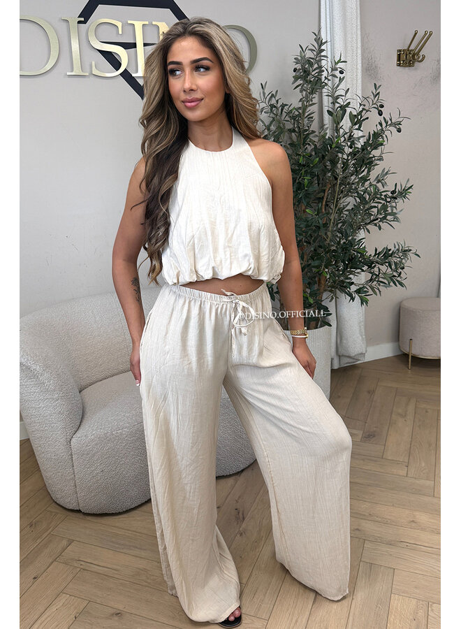 BEIGE - 'ALARA SET' - SUMMER ESCAPE OPEN BACK TOP + PANTS SET