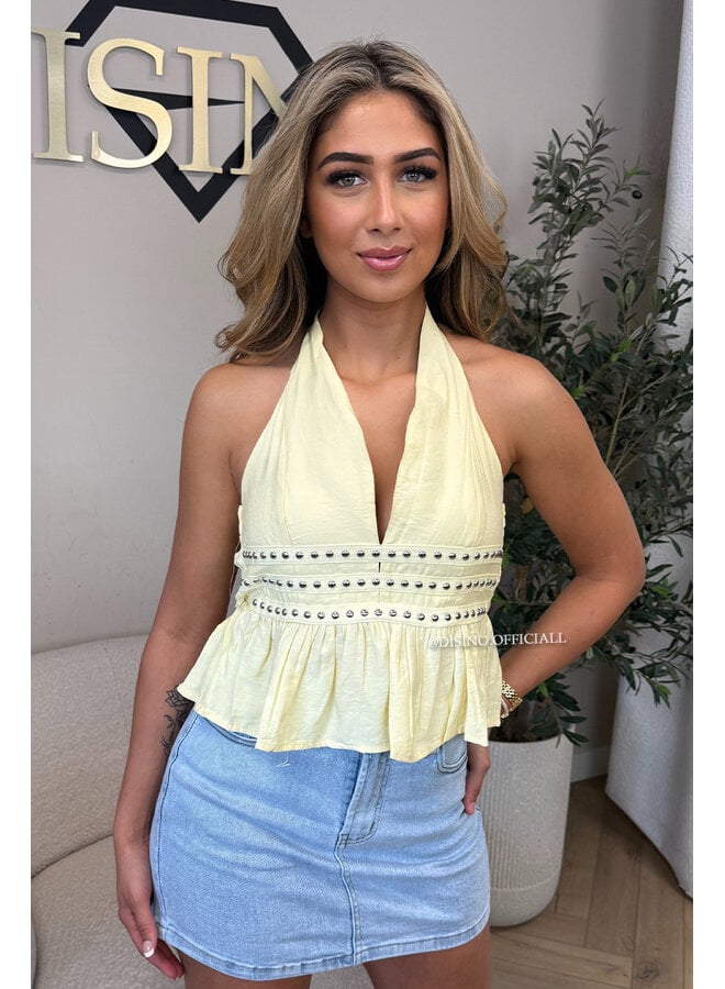 YELLOW - 'KATIE TOP' - STUDS OPEN BACK RUFFLE TOP