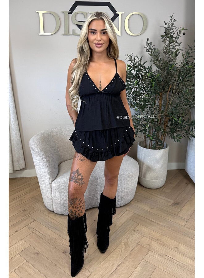 BLACK - 'GAYA SET' - STUDS TOP + SKORT SET