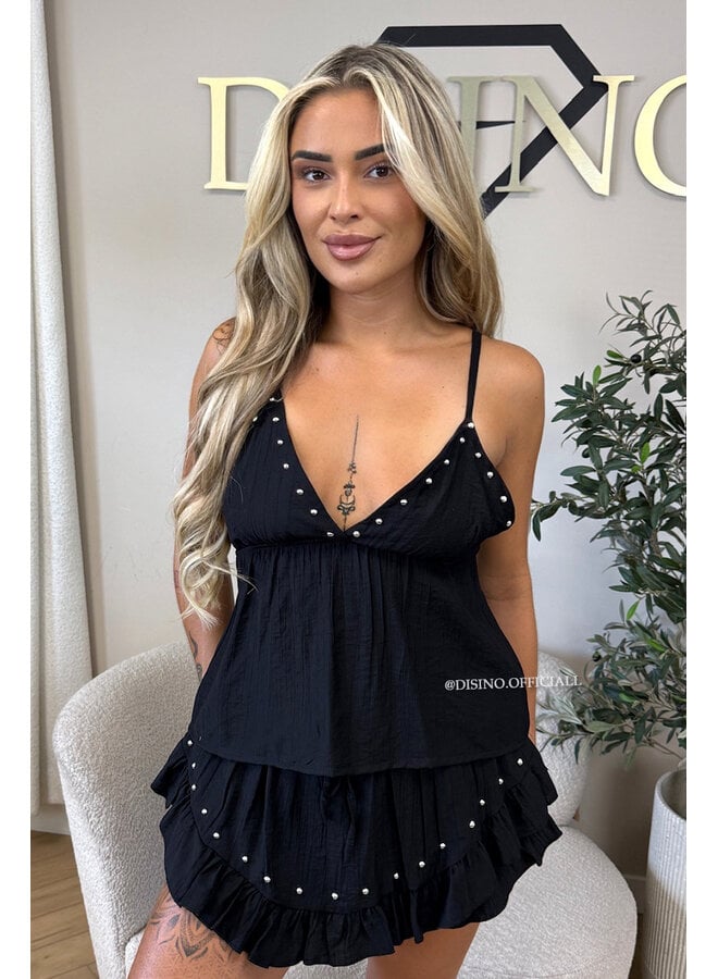 BLACK - 'GAYA SET' - STUDS TOP + SKORT SET