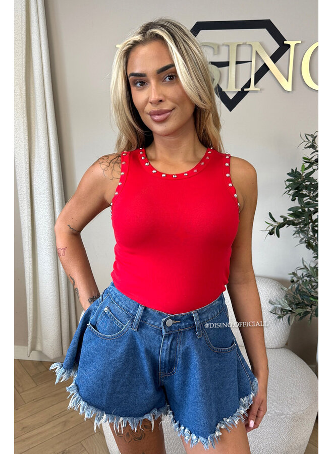 RED - 'GRACE TOP' - STUDS HALTER TOP