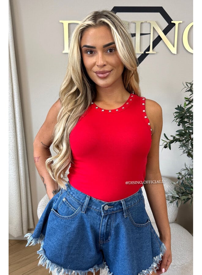 RED - 'GRACE TOP' - STUDS HALTER TOP
