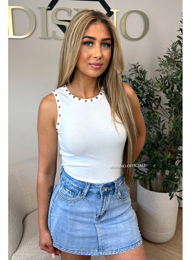 WHITE - 'GRACE TOP' - STUDS HALTER TOP