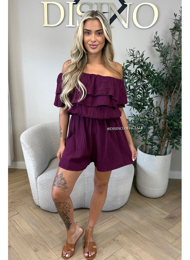 CHERRY - 'JULIA PLAYSUIT' - MOESSELINE WAFFLE OFF SHOULDER PLAYSUIT