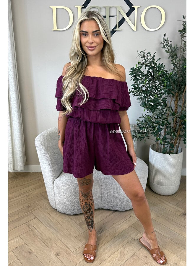 CHERRY - 'JULIA PLAYSUIT' - MOESSELINE WAFFLE OFF SHOULDER PLAYSUIT