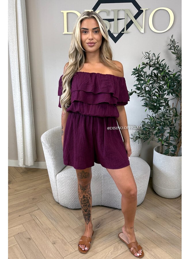 CHERRY - 'JULIA PLAYSUIT' - MOESSELINE WAFFLE OFF SHOULDER PLAYSUIT