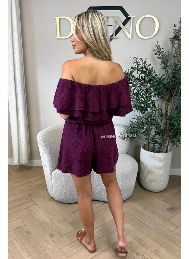 CHERRY - 'JULIA PLAYSUIT' - MOESSELINE WAFFLE OFF SHOULDER PLAYSUIT