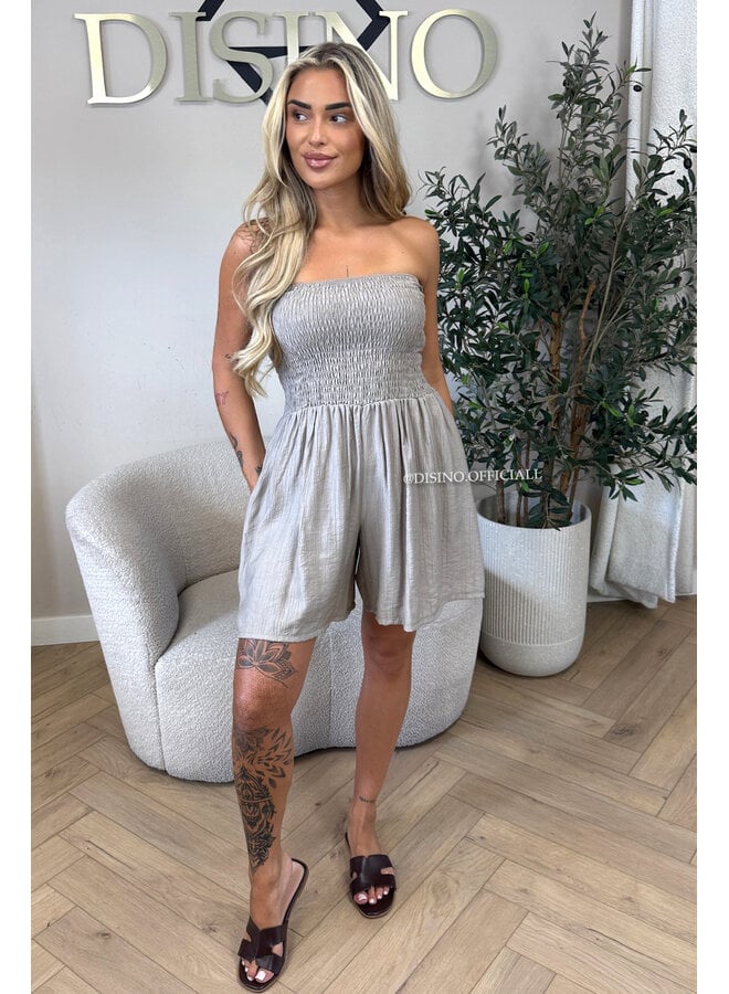 TAUPE - 'EMMA PLAYSUIT' - STRAPLESS WAFFLE COTTON PLAYSUIT