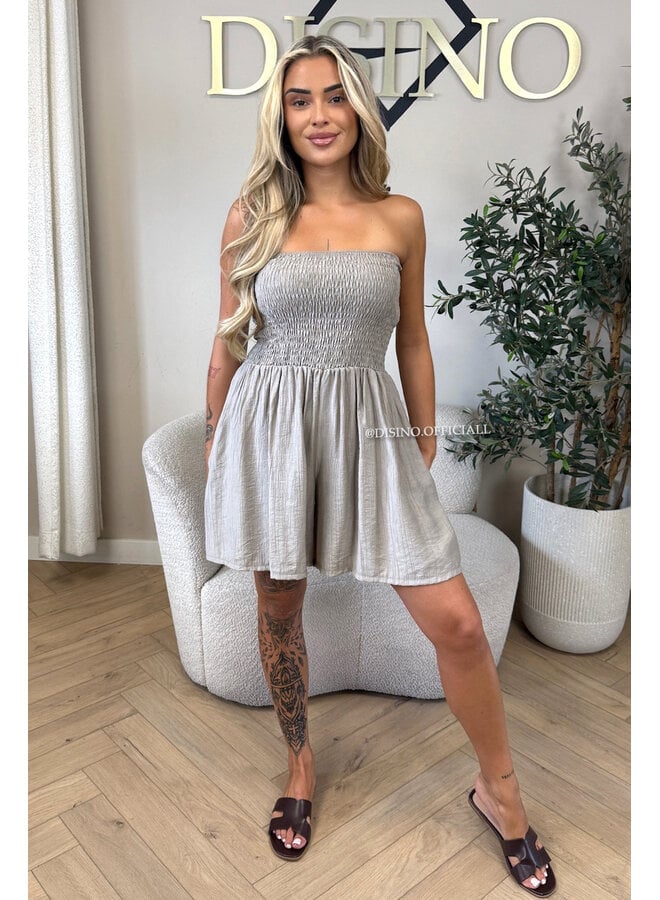 TAUPE - 'EMMA PLAYSUIT' - STRAPLESS WAFFLE COTTON PLAYSUIT