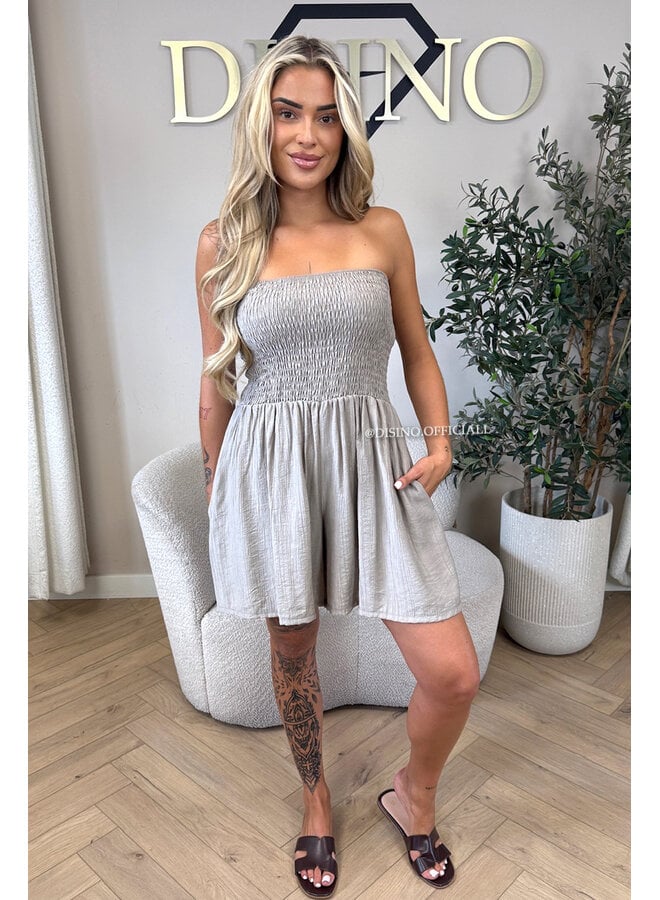 TAUPE - 'EMMA PLAYSUIT' - STRAPLESS WAFFLE COTTON PLAYSUIT