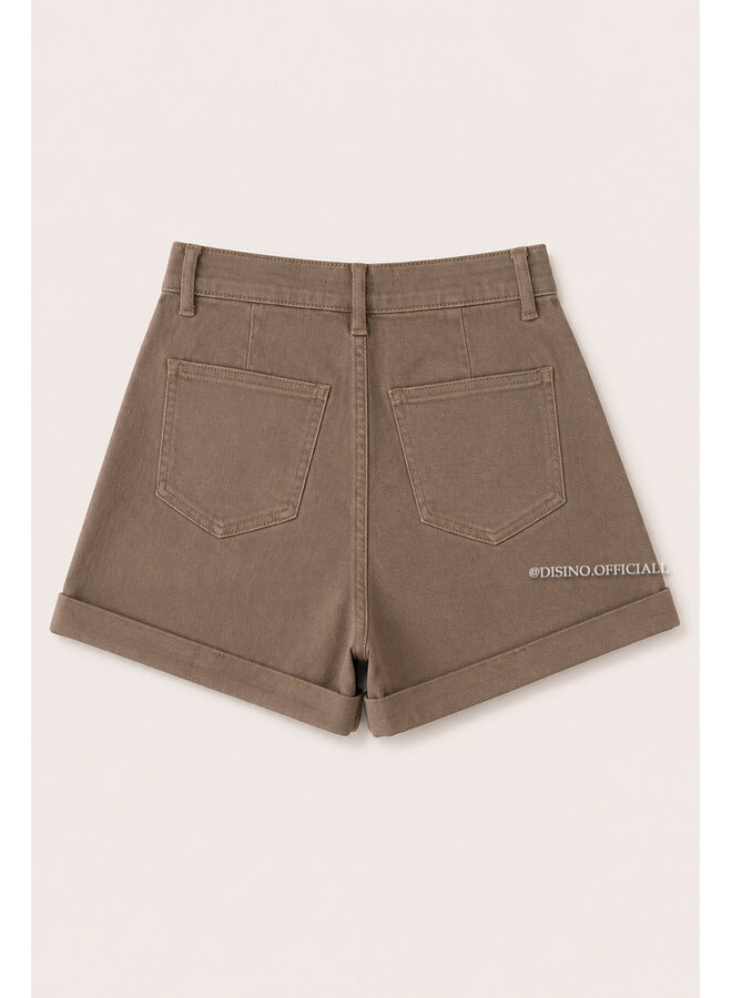BEIGE - 'LEXIE SHORTS' - WAIST DETAIL PERFECT STRETCH DENIM SHORTS