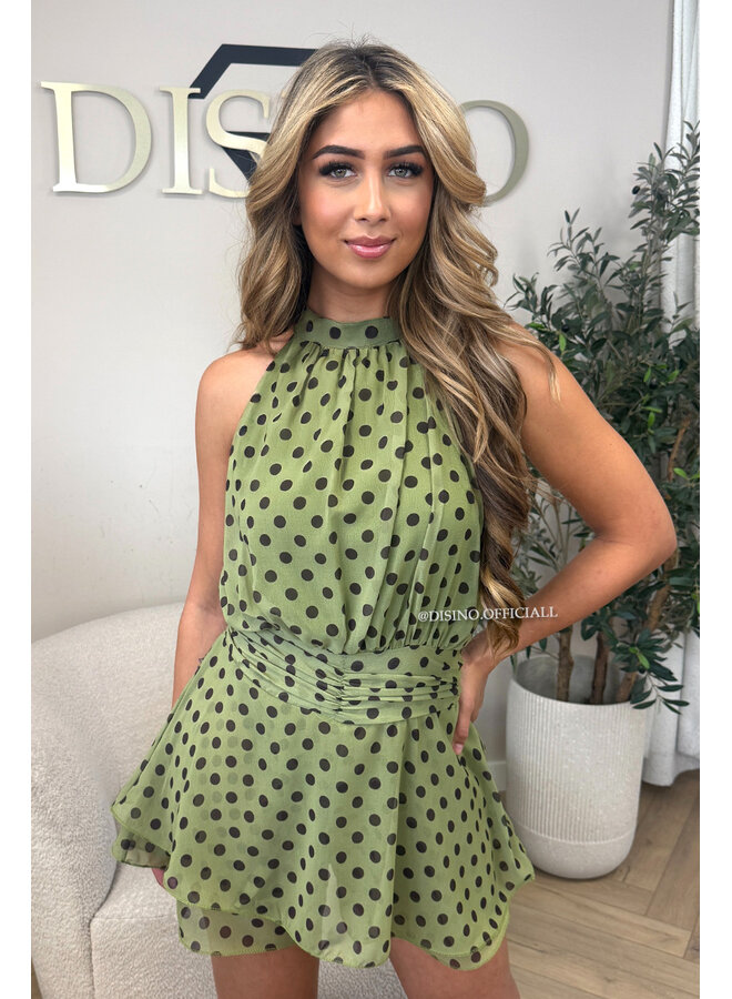 GREEN - 'LIORA POLKADOT PLAYSUIT' - HALTER RUFFLE PLAYSUIT