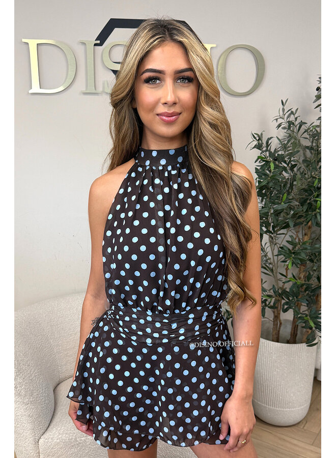 CHOCO/BLUE - 'LIORA POLKADOT PLAYSUIT' - HALTER RUFFLE PLAYSUIT