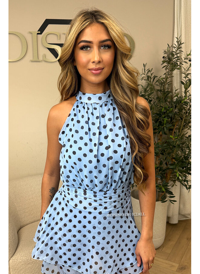 LIGHT BLUE - 'LIORA POLKADOT PLAYSUIT' - HALTER RUFFLE PLAYSUIT