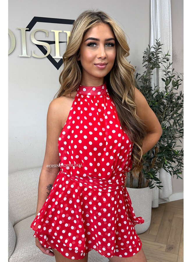 RED - 'LIORA POLKADOT PLAYSUIT' - HALTER RUFFLE PLAYSUIT