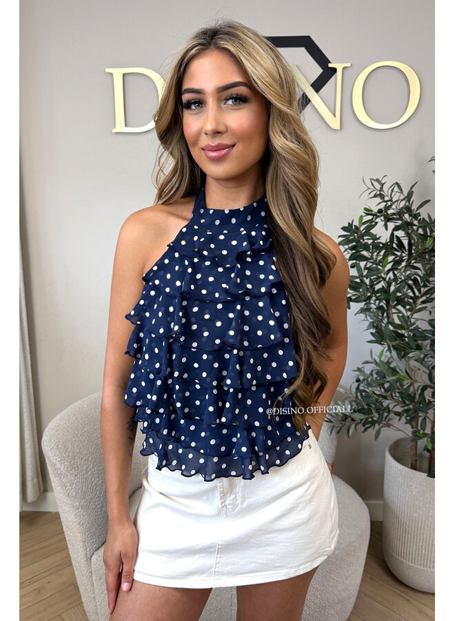 NAVY - 'MELANIE TOP' - POLKADOT OPEN BACK RUFFLE TOP