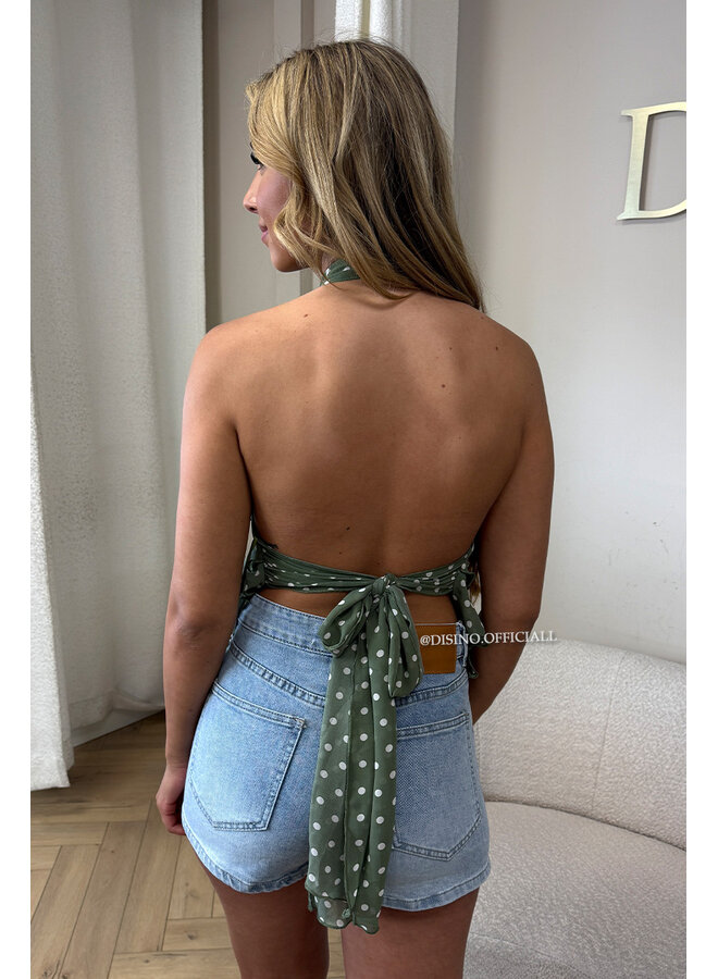 GREEN - 'MELANIE TOP' - POLKADOT OPEN BACK RUFFLE TOP