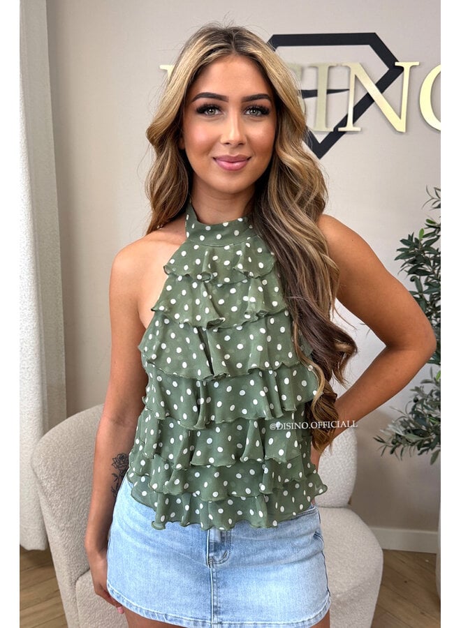 GREEN - 'MELANIE TOP' - POLKADOT OPEN BACK RUFFLE TOP