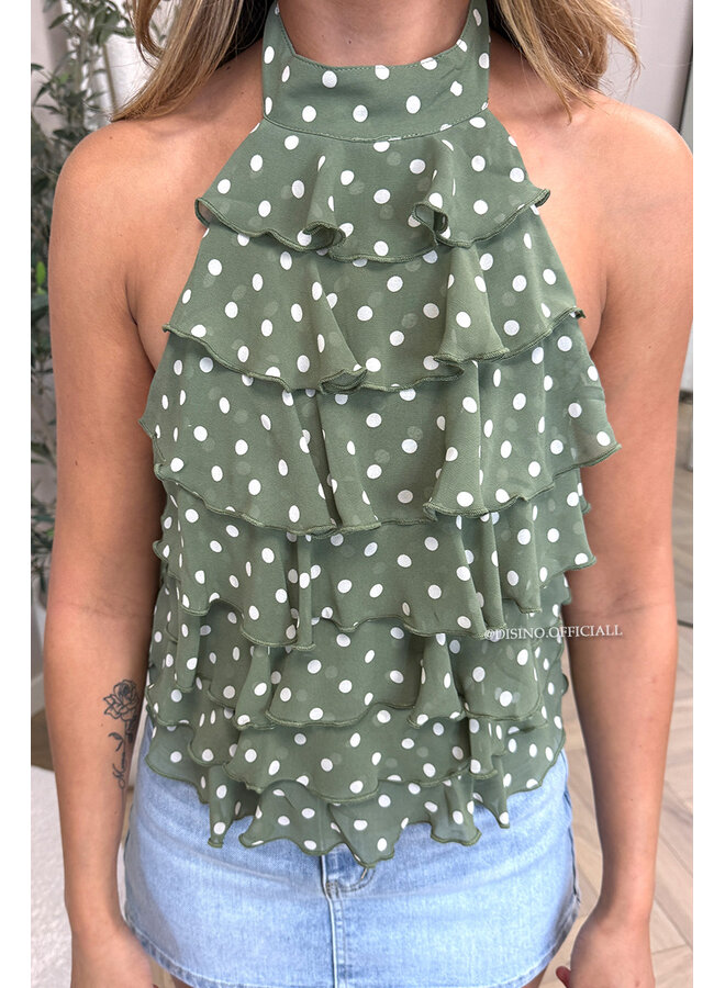 GREEN - 'MELANIE TOP' - POLKADOT OPEN BACK RUFFLE TOP
