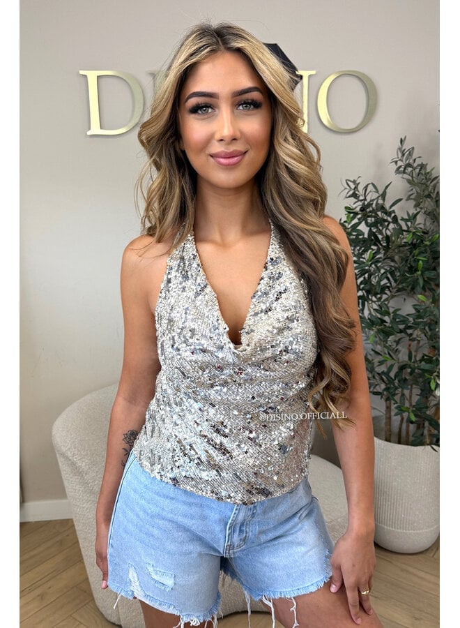 SILVER - 'YVANA TOP' - SEQUIN WATERFALL TOP