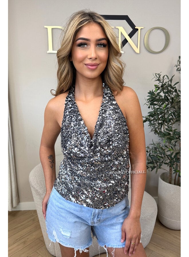 BLACK - 'YVANA TOP' - SEQUIN WATERFALL TOP