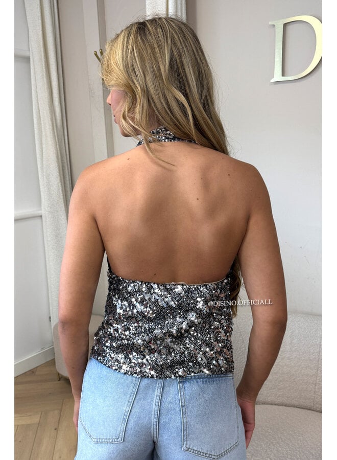BLACK - 'YVANA TOP' - SEQUIN WATERFALL TOP