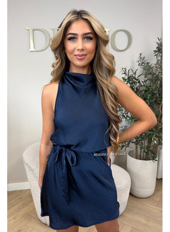 NAVY BLUE - 'MAEVA DRESS' - CLASSY SATIN HALTER DRESS