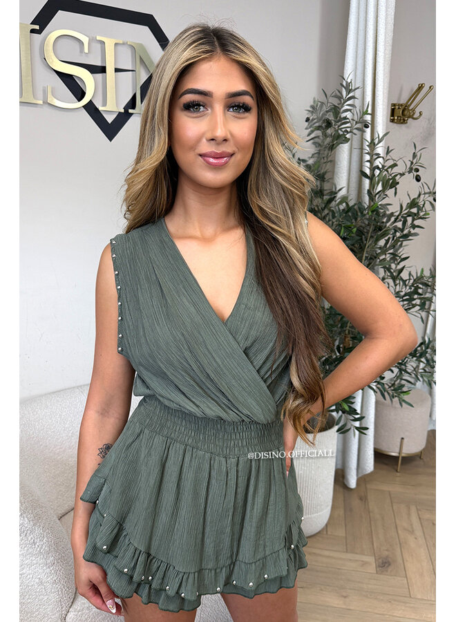 ARMY GREEN - 'GAYA PLAYSUIT' - STUDS RUFFLE PLAYSUIT