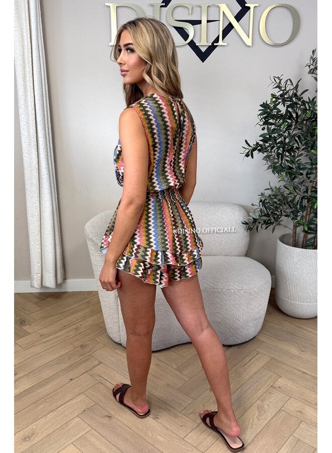 ARMY GREEN - 'MISSONI PLAYSUIT' - INSPIRED ZIGZAG RUFFLE PLAYSUIT