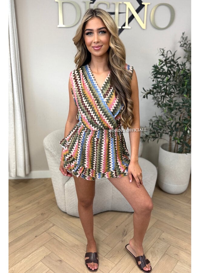 ARMY GREEN - 'MISSONI PLAYSUIT' - INSPIRED ZIGZAG RUFFLE PLAYSUIT