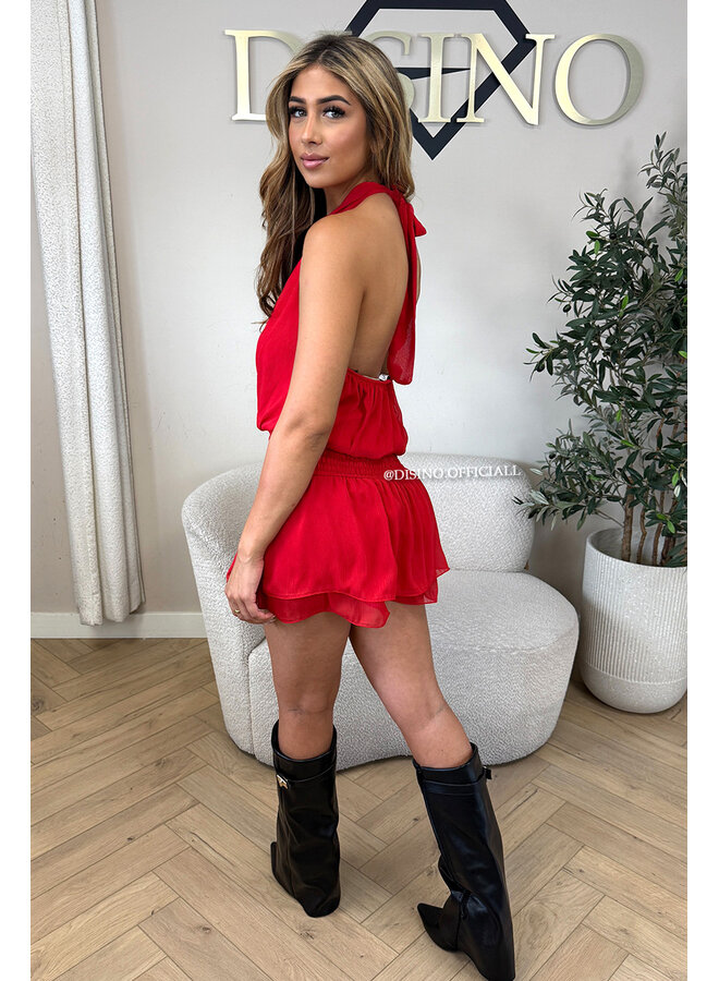RED - 'ELINA' - OPEN BACK RUFFLE PLAYSUIT