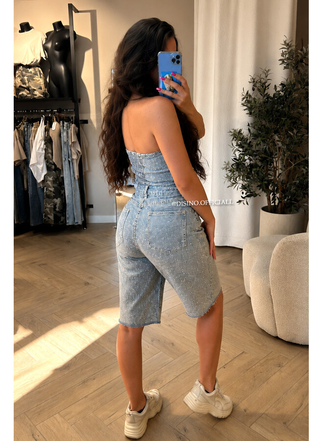 VINTAGE BLUE - 'CELINA TOP' - EXCLUSIVE DIAMONDS ALL OVER DENIM CORSET TOP