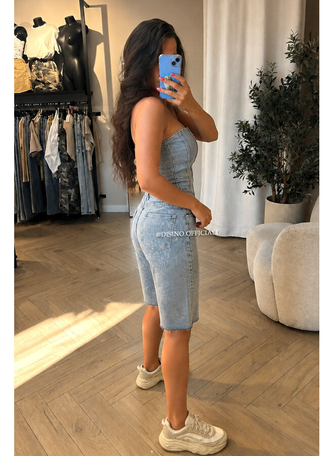 VINTAGE BLUE - 'CELINA TOP' - EXCLUSIVE DIAMONDS ALL OVER DENIM CORSET TOP