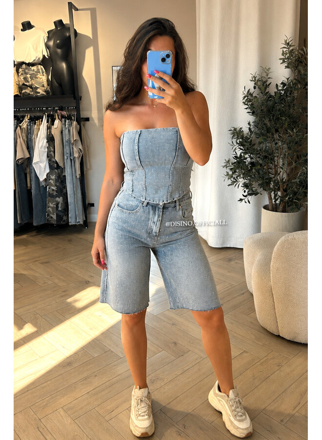 VINTAGE BLUE - 'CELINA TOP' - EXCLUSIVE DIAMONDS ALL OVER DENIM CORSET TOP