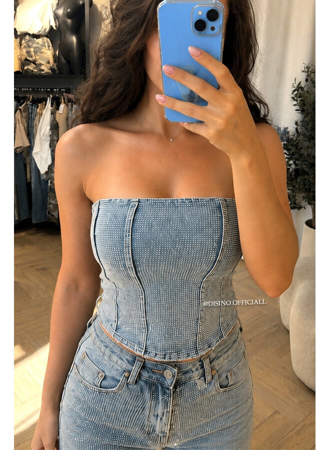 VINTAGE BLUE - 'CELINA TOP' - EXCLUSIVE DIAMONDS ALL OVER DENIM CORSET TOP