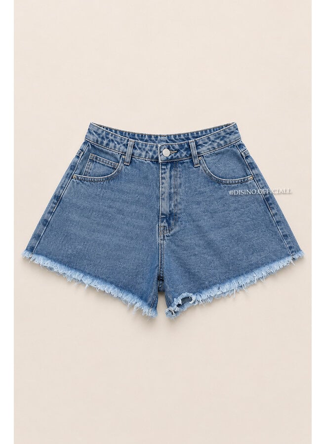 BLUE - 'DAISY SHORT' - STRETCH FRAYED WIDE DENIM SHORT