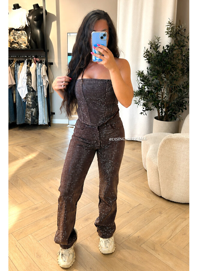 CHOCO - 'CELINA DIAMONDS JEANS' - EXCLUSIVE STRETCH RHINESTONE WIDE LEG JEANS