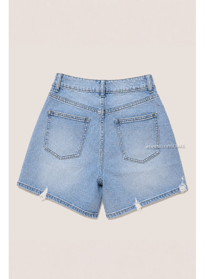 LIGHT BLUE - 'MANDY SHORTS' - SUPER STRETCH RIPPED DETAILS DENIM SHORTS