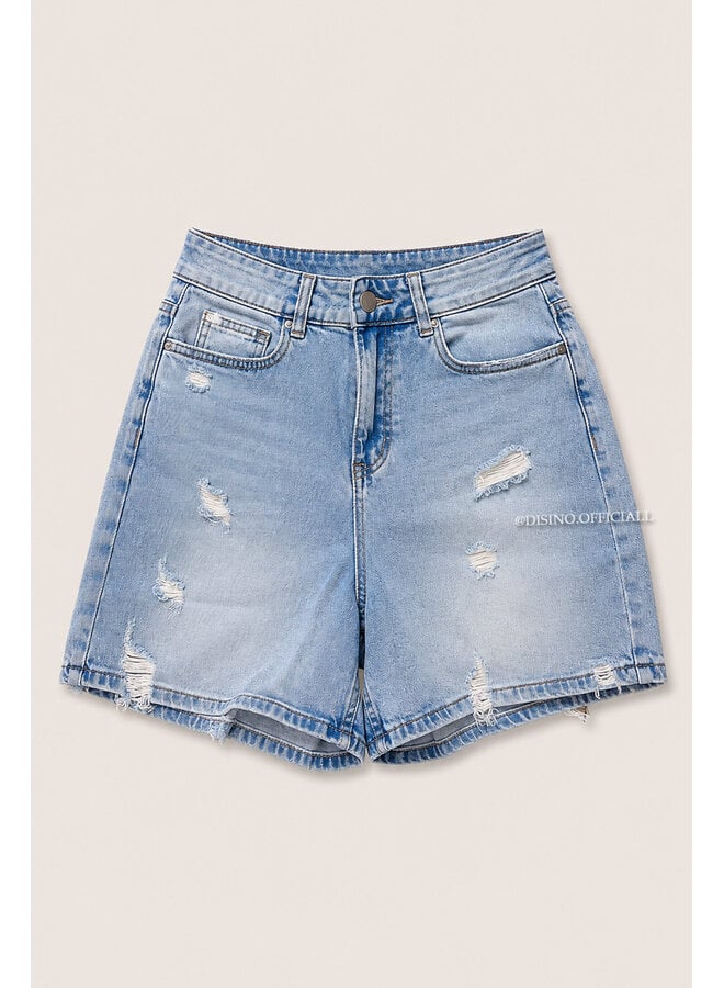 LIGHT BLUE - 'MANDY SHORTS' - SUPER STRETCH RIPPED DETAILS DENIM SHORTS