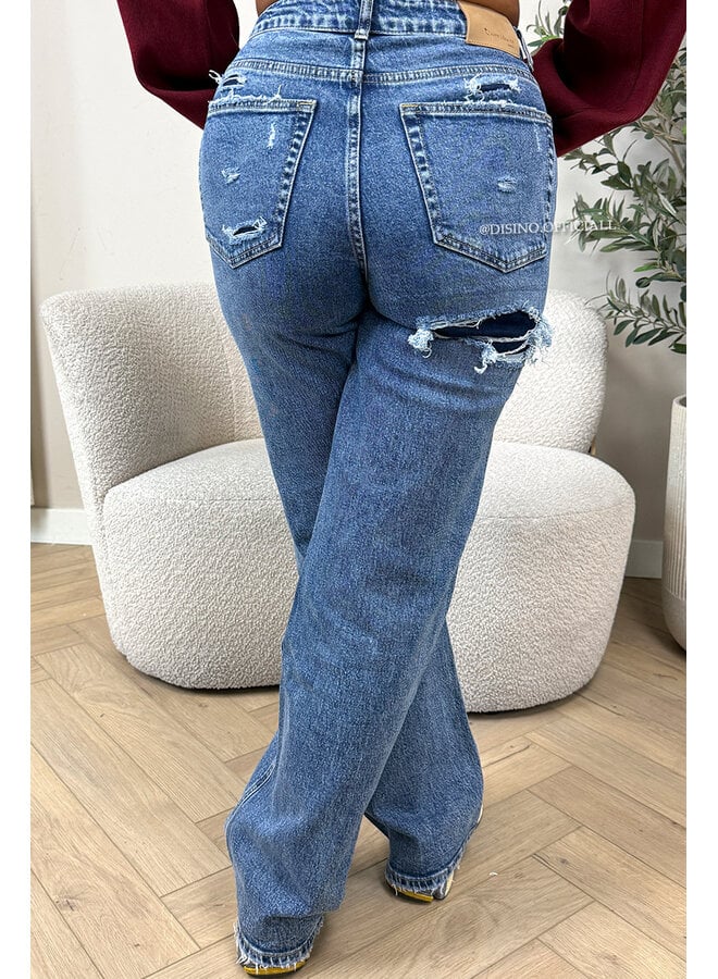 DARK BLUE - 'BERLIN' - STRETCH VIRAL RIPPED WIDE LEG JEANS