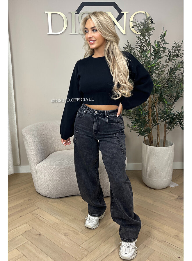 BLACK - 'ILAYDA KNIT' - CROPPED BELL SLEEVE KNIT