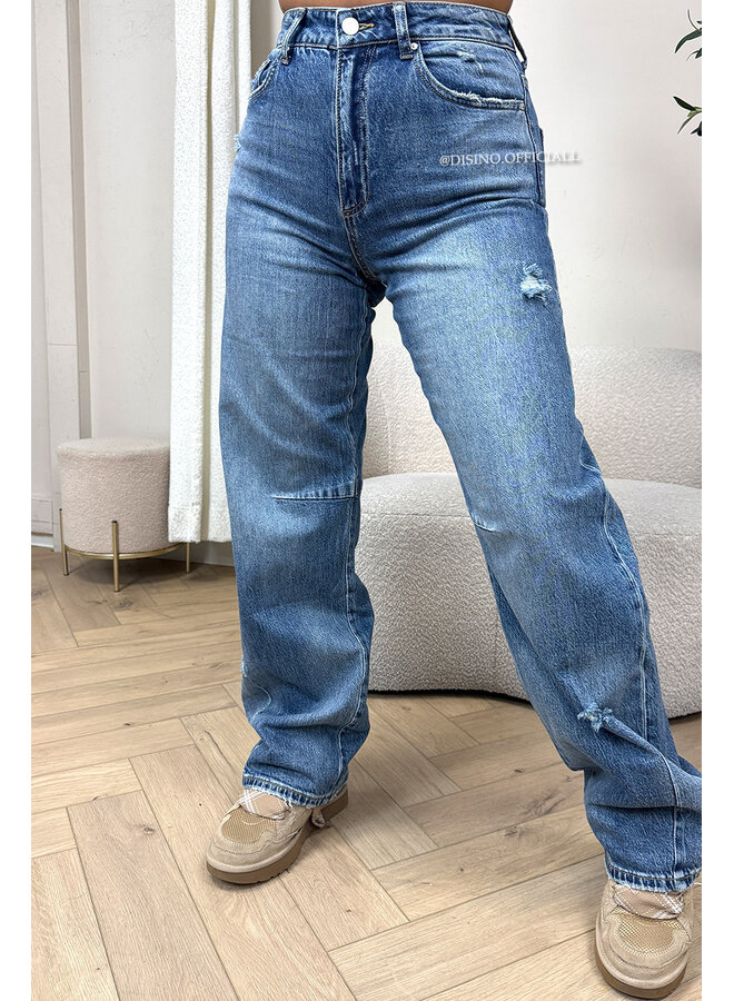 DARK BLUE - 'SEATTLE' - STRETCH DAMAGED BALLOON LEG JEANS