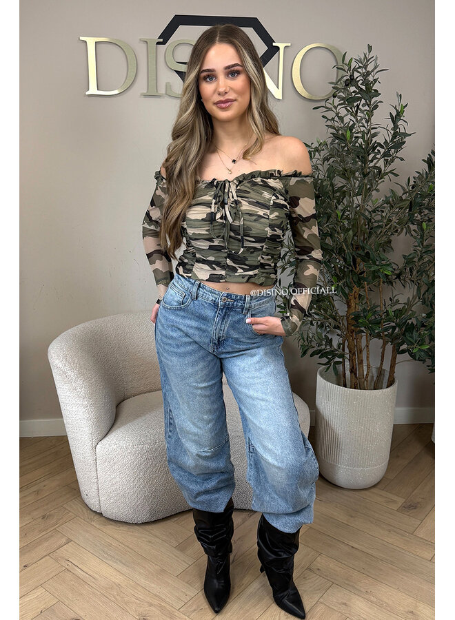 CAMO - 'DAXX TOP' - MESH OFF-SHOULDER CAMO PRINT TOP